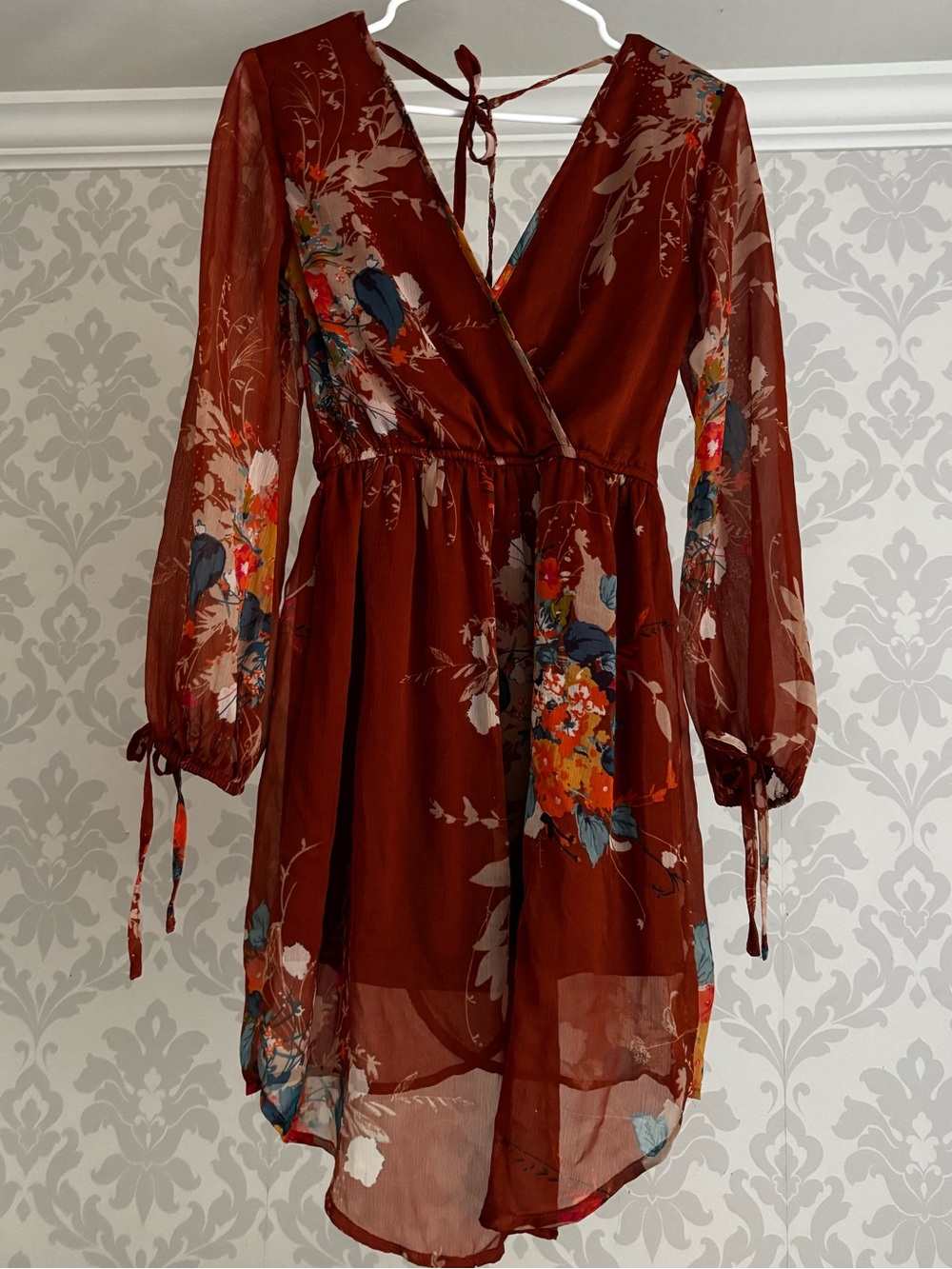 🌙Band of Gypsies🌙 Faux Floral Wrap Open Tie-Back Long-Sleeve Mini Play Dress